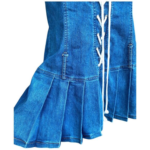 Y2K Denim Tube Dress M Pleated Skirt Lace-Up Front Drop Waist Skater 2000s USA - Picture 3 of 16
